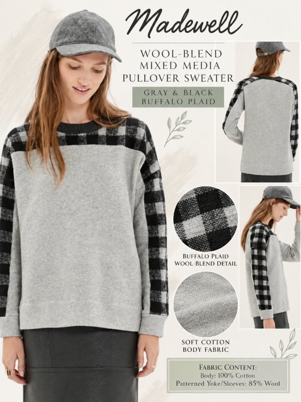Madewell Wool-Blen Gray & Black Buffalo Plaid Mixed Media Pullover Sweater